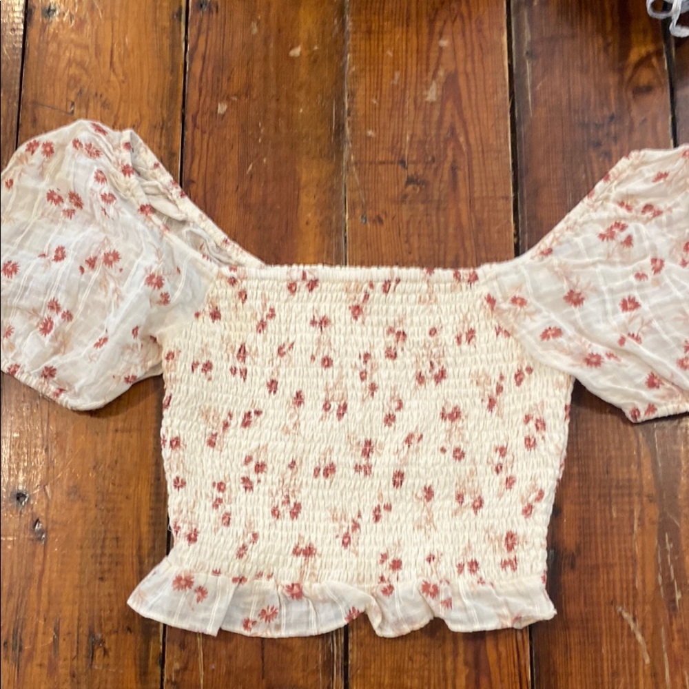 American Eagle Outfitters Cream and Pink Smocked Puff Sleeve Crop Top